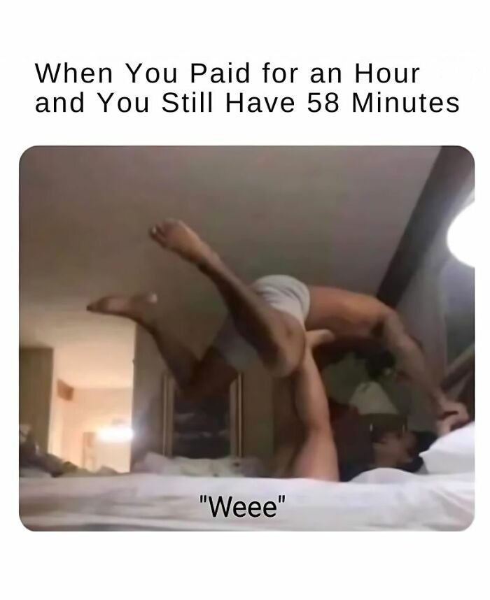 Couple playing and lifting each other on bed in a funny random meme to make you giggle like a schoolgirl.