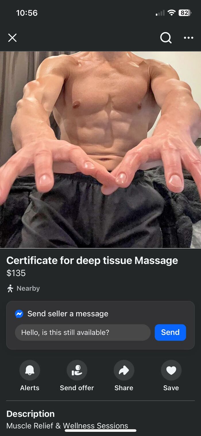 Muscular man offering certificate for deep tissue massage on Facebook Marketplace among wildest things for sale.