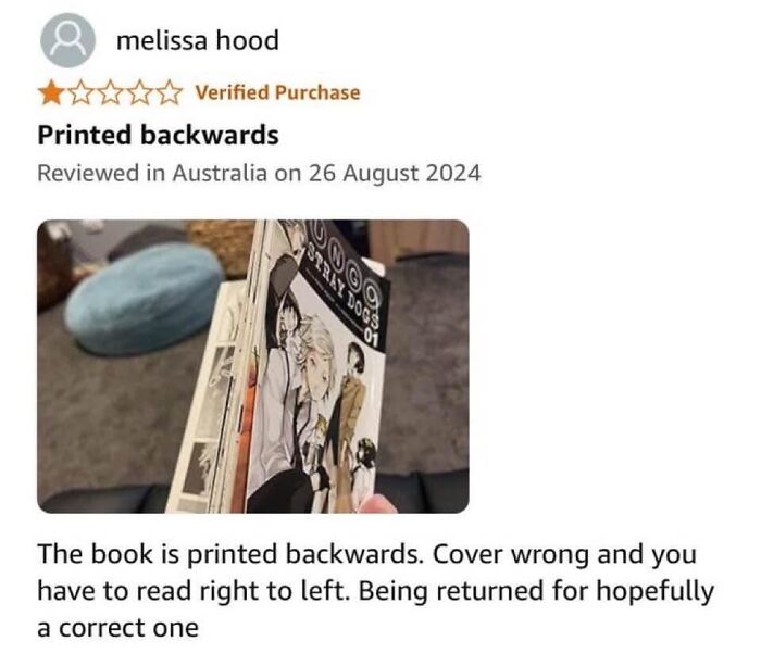 One-star book review shaming overconfident know-it-alls who incorrectly correct printed backward manga book.