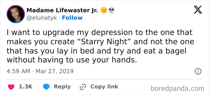 Tweet about wanting to upgrade depression with humor, part of funny pics to scroll during mental breakdowns.