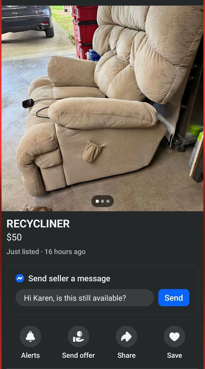 Beige recliner chair with a worn look listed for sale on Facebook Marketplace among wildest things found.