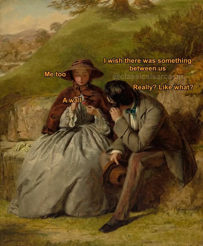 Classical art meme with a man and woman sitting, humorously chatting about something between them in a scenic outdoor setting.