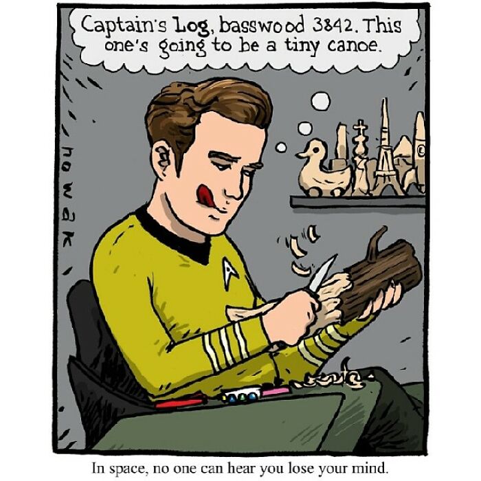Cartoon of an artist with a peculiar sense of humor carving a log into a tiny canoe full of absurdity.