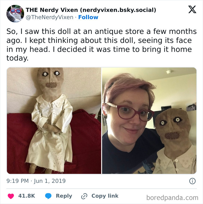 Creepy doll with stitched mouth and wide eyes from antique store, shared by person who found it unsettling yet fascinating.