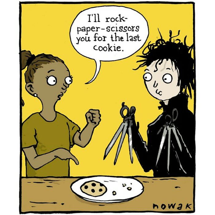 Comic panel showing two people playing rock-paper-scissors with scissors hands, highlighting absurdity and peculiar humor.