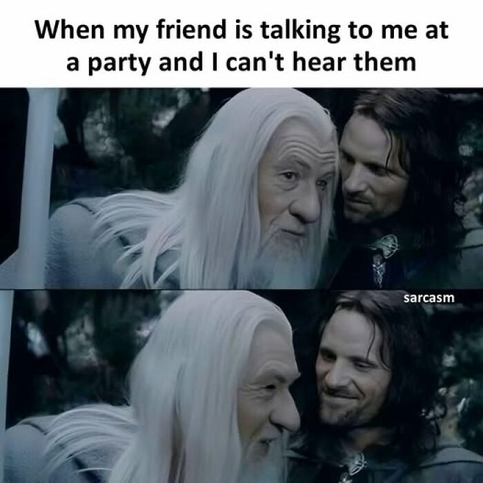 Meme showing two characters from a movie with text about not hearing a friend at a party, funny Facebook memes.