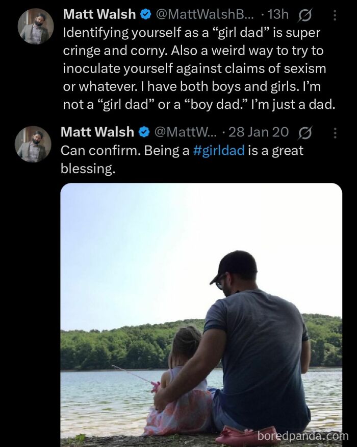 Screenshot of Matt Walsh tweets sharing hot takes on identifying as girl dad and the blessing of fatherhood with a photo by a lake.
