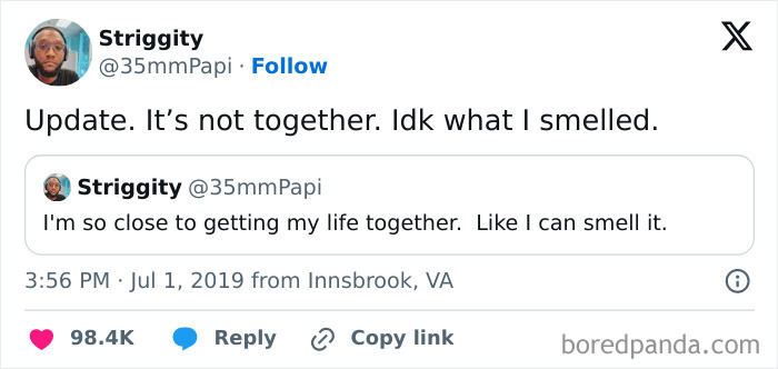 Twitter post showing a humorous update with mocking posts jokes memes about not having life together.