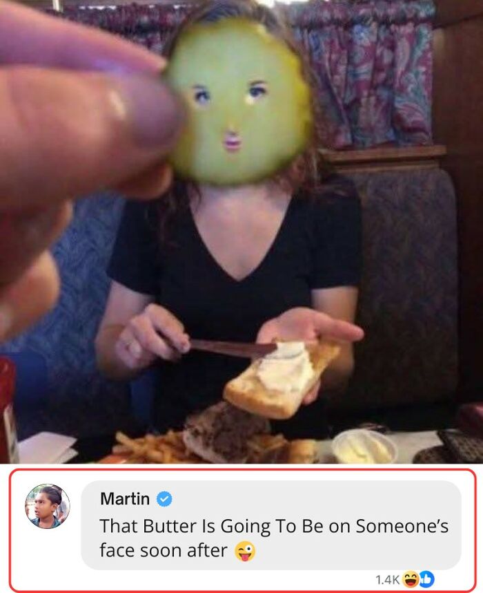 Funny random meme showing a person’s face humorously replaced by a pickle slice with a drawn face.