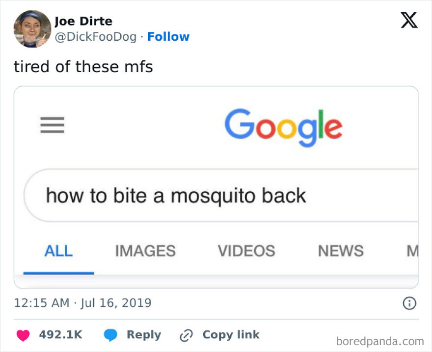 Tweet showing a Google search for how to bite a mosquito back, expressing frustration with inconveniences.