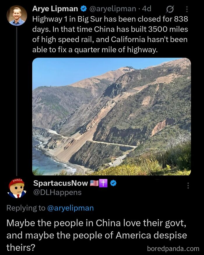 Screenshot of a social media hot take about California highway closure and China’s rapid rail development shared publicly.