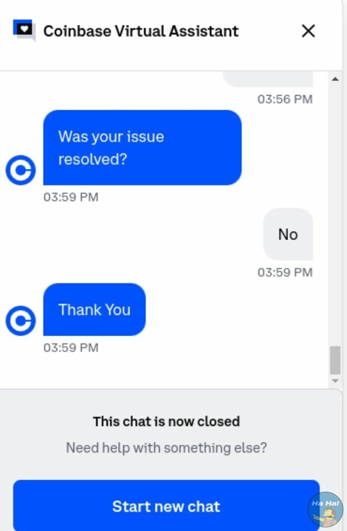 Chat screenshot mocking posts jokes memes shows Coinbase assistant asking if issue resolved before closing chat abruptly.