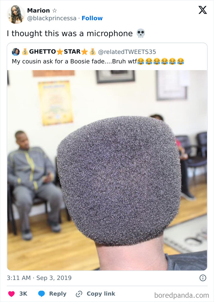 Close-up of a unique hairstyle shaped like a microphone, one of the interesting things that require a double take to realize.