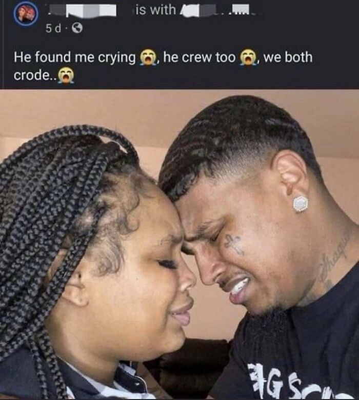 Couple with foreheads touching, both emotional and crying, featured in a chaotic meme for when life gets boring.