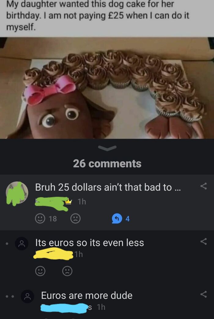 Online group shaming overconfident know-it-alls incorrectly correcting currency in birthday dog cake post.