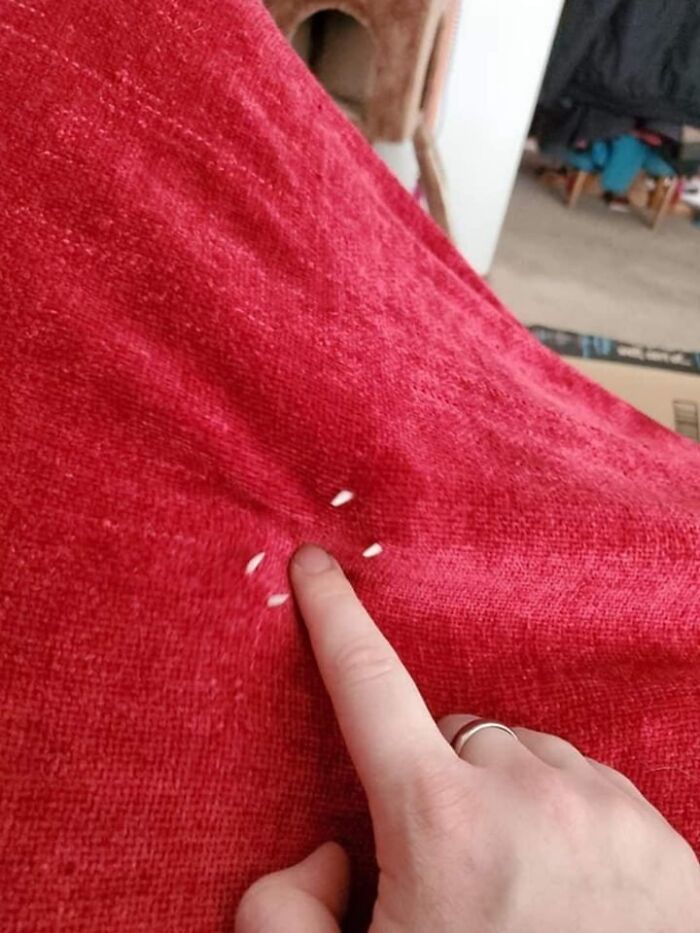Close-up of a finger pressing a red cushion with small white animal teeth marks visible on the fabric.