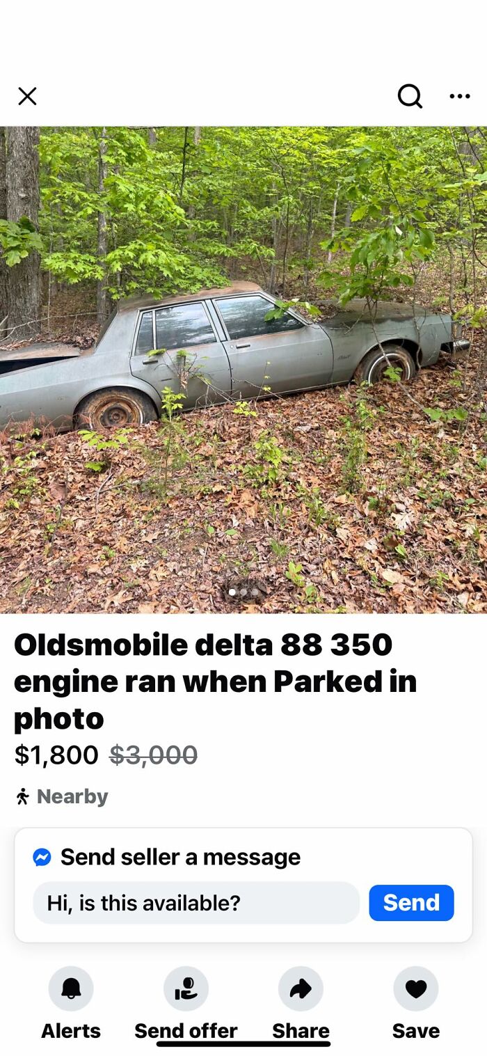 Oldsmobile Delta 88 abandoned in woods with flat tires and rust for sale on Facebook Marketplace wildest finds