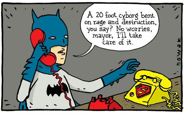 Comic panel showing a peculiar humor artist's absurd superhero answering a call about a destructive cyborg.