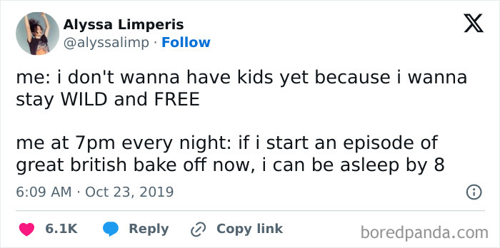 Tweet about wanting to stay wild and free but choosing early bedtime, a humorous post to brighten your day.