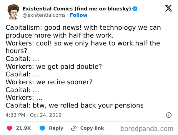 Tweet from Existential Comics highlighting frustrations with capitalism, work, and pensions, reflecting anti-capitalism sentiment.