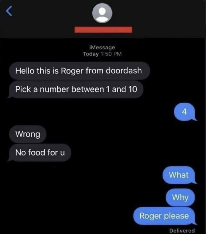 Text message conversation showing a chaotic meme about choosing a number with no food delivery, illustrating chaotic memes.