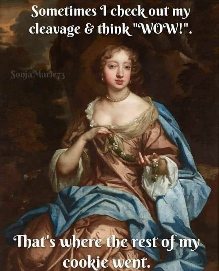 Classical art meme featuring a vintage portrait with humorous text about cleavage and cookies.