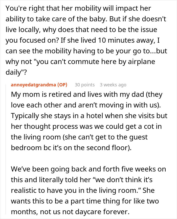 Screenshot of an online discussion about a woman not allowing her obese mom to babysit her newborn, addressing mobility and caregiving concerns.