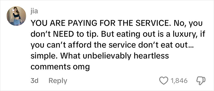 Comment on a post about tipping culture, expressing frustration over heartless remarks and emphasizing paying for service.