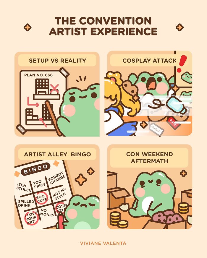 Cute frog illustrations depicting funny food puns and relatable convention artist experiences by Viviane Valenta.