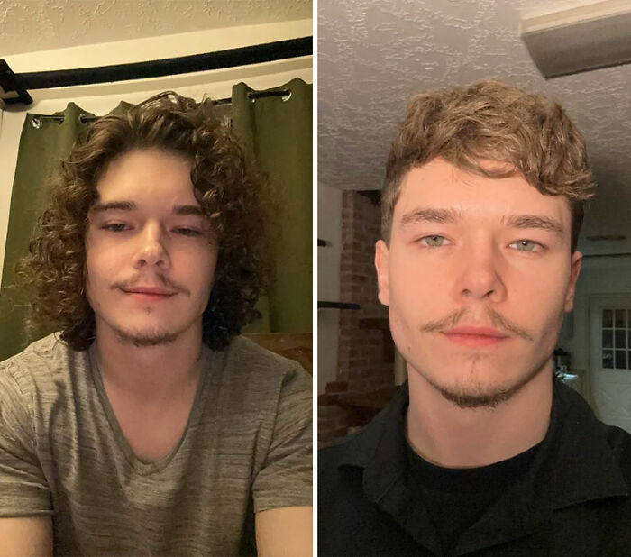 Side-by-side comparison of a young man’s hair transformation from long curly hair to short styled hair, showcasing gorgeous hair transformations.