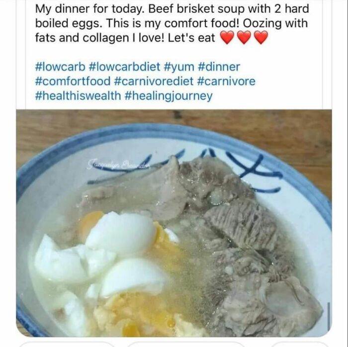 Beef brisket soup with hard boiled eggs on a plate, an example of cursed food pics triggering strong reactions.