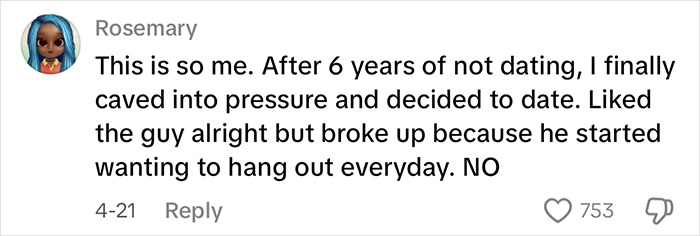 Commenter Rosemary sharing her experience about dating and valuing alone time, reflecting why women love being alone.