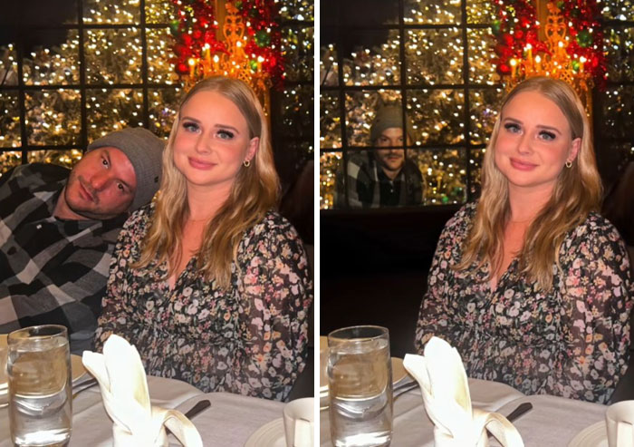 Couple at restaurant with man humorously edited to appear as a ghostly figure in the window in hilarious Photoshop edits.