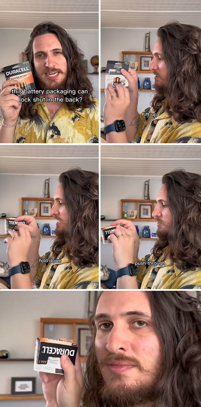 Man demonstrating how to unlock battery packaging, sharing useful things you may want to know with Duracell batteries.