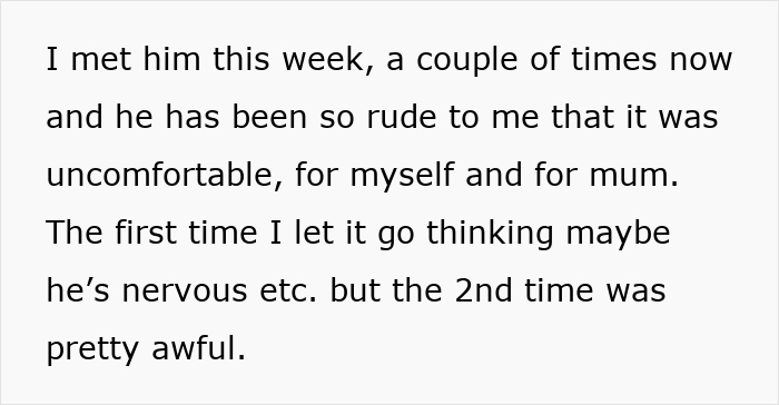 Text excerpt showing a daughter describing her discomfort with mom's new romance after a troubling first visit.