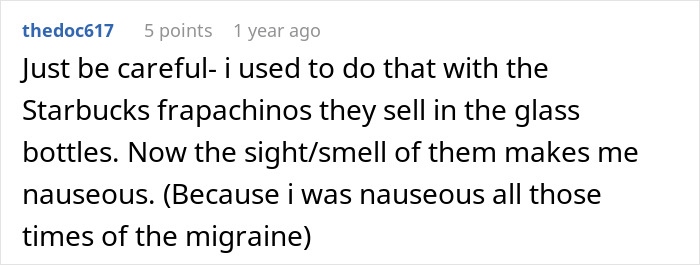 Reddit comment discussing personal experience with migraines and beverage triggers related to diet and migraine treatment.