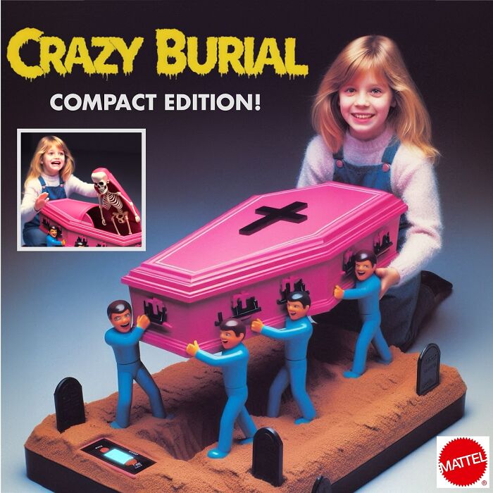 Girl playing with a hilariously dark toy coffin and skeleton, showcasing dark toys never meant for kids by an imaginative artist.