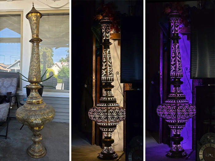 Tall ornate thrifted lamp with intricate patterns, shown in daylight and illuminated under different lighting conditions