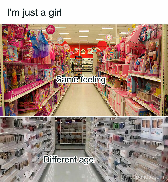 A toy aisle filled with pink girls’ toys above a makeup aisle with beauty products, showing relatable meme humor.