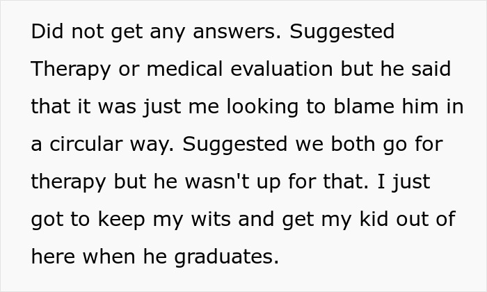 Text excerpt discussing therapy suggestions and a woman planning to end marriage after husband demands paternity test for their son. Text excerpt discussing therapy suggestions and a woman planning to end marriage after husband demands paternity test for their son.