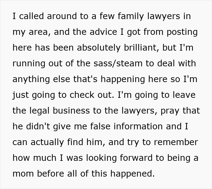 Text excerpt describing a woman dealing with legal advice after discovering boyfriend&rsquo;s secret wife days before birth.