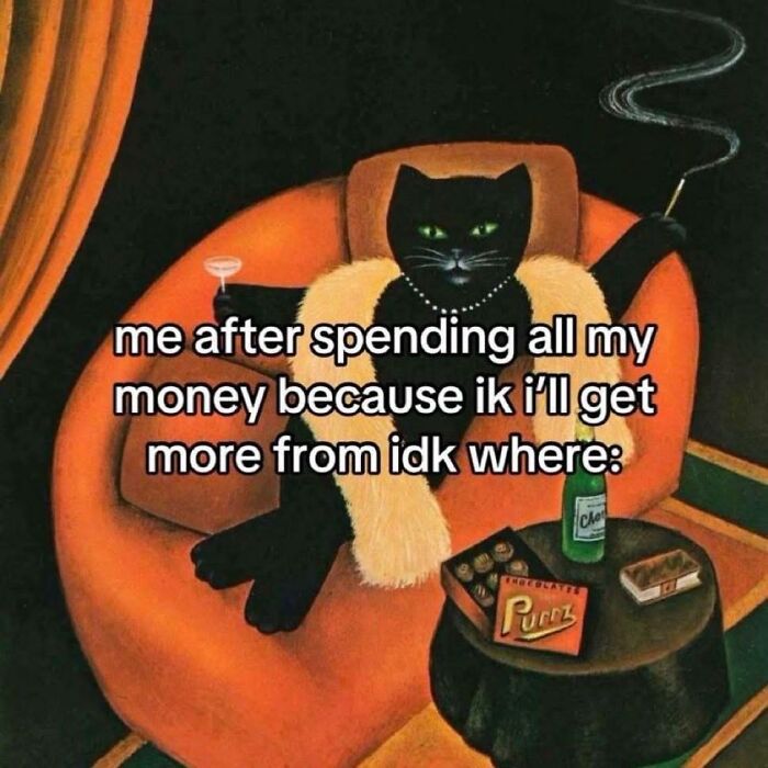 Black cat in a fur coat lounging with drink and cigarette, humorous funny pics about spending money and mental breakdowns.