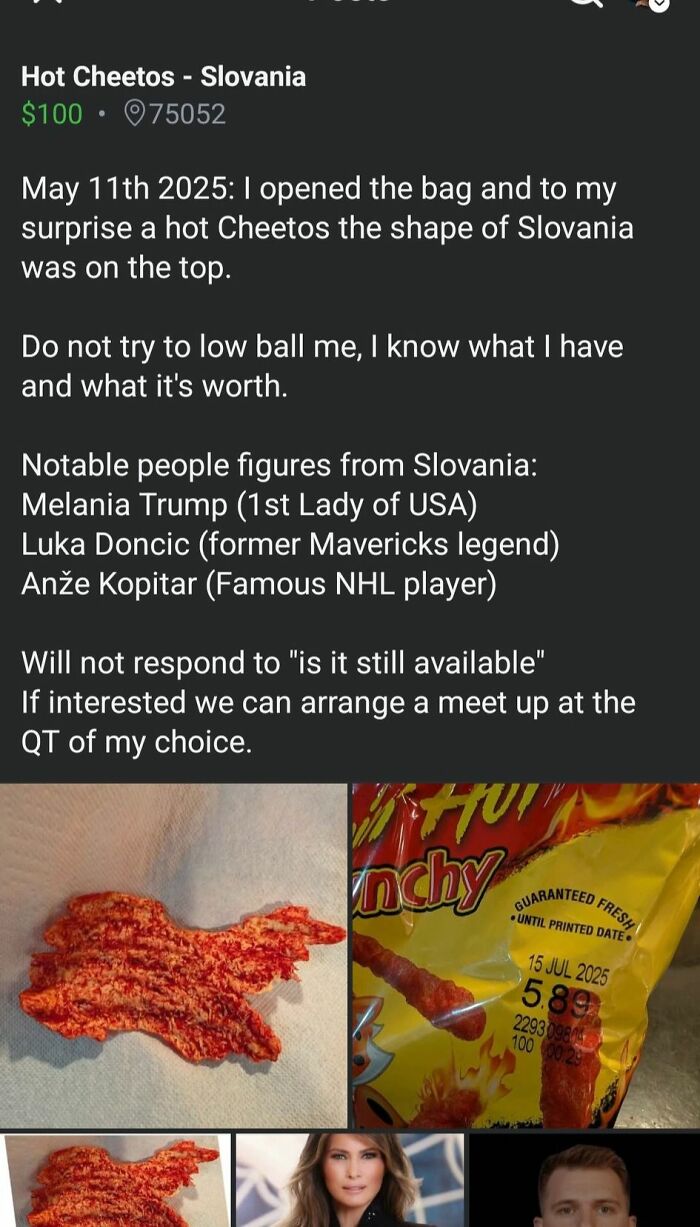 Hot Cheetos shaped like Slovenia sold on Facebook Marketplace in a wild find with notable figures featured.