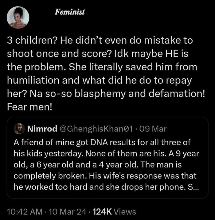 Screenshot of a social media post showing outrageous hot takes about a man's DNA results and relationship issues.