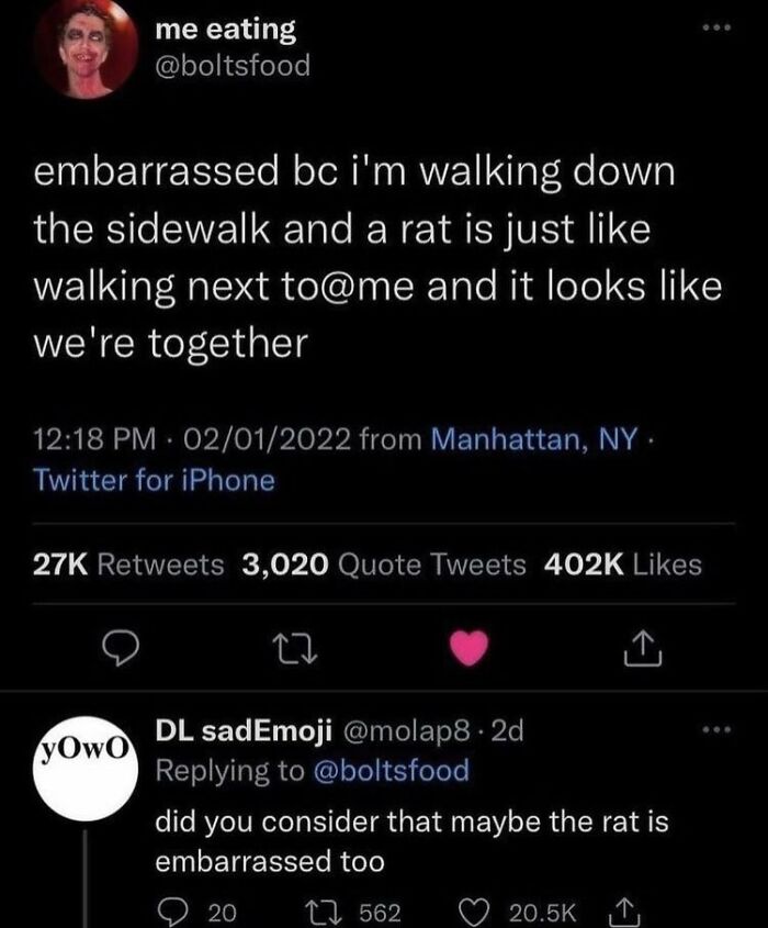 Screenshot of a chaotic meme tweet about feeling embarrassed walking next to a rat, showcasing chaotic memes.