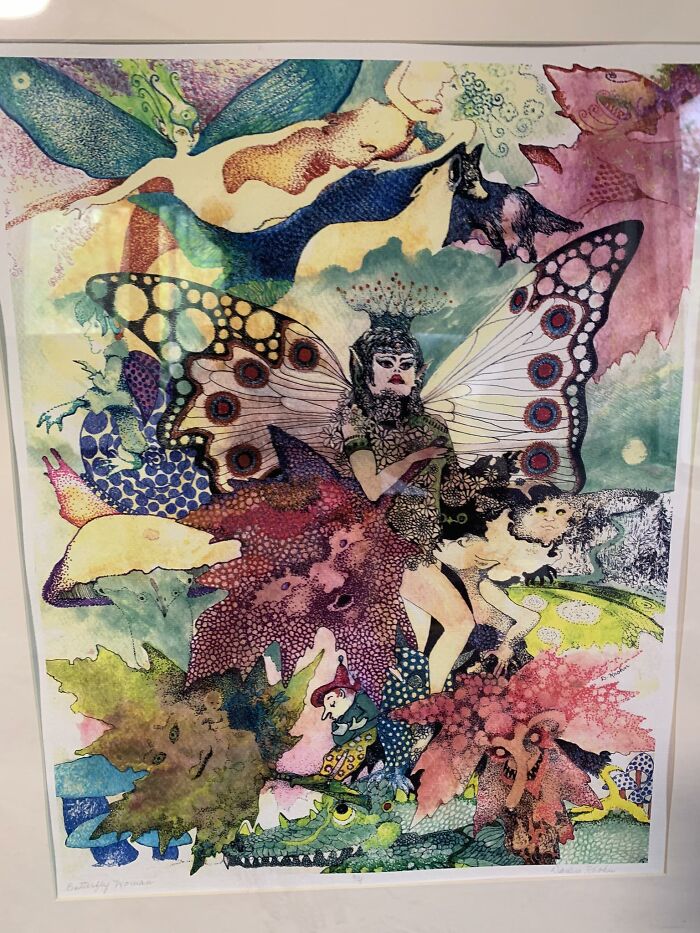 Colorful thrifted artwork featuring whimsical fairy and fantastical creatures in a vibrant, weird and wonderful style.