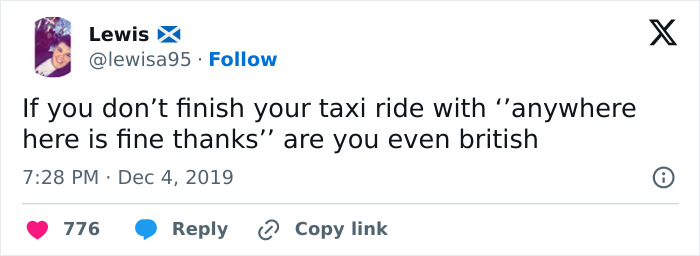 Social media post humorously highlighting a British taxi ride saying "anywhere here is fine thanks" in Great British memes.