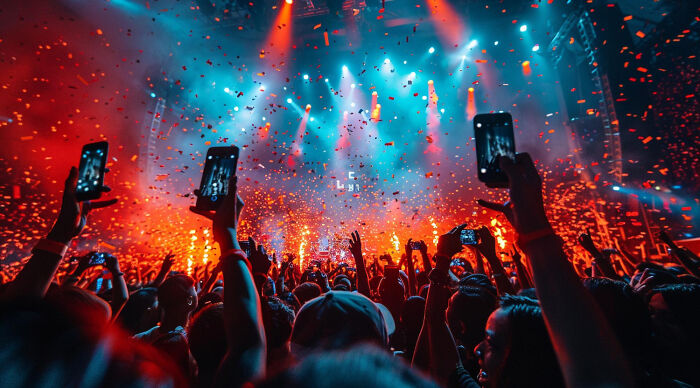 Crowd at a concert holding up smartphones capturing moments, highlighting everyday items that have become stupid expensive.