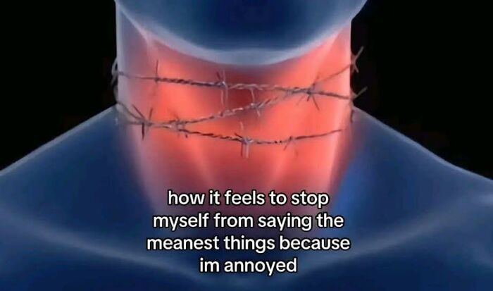 Illustration of a neck wrapped in barbed wire with text about holding back mean thoughts during a mental breakdown.