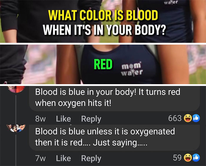Screenshot of online group discussion shaming overconfident know-it-alls incorrectly correcting facts about blood color.